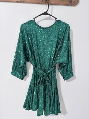 Aakaa Emerald Green Sequin Mini Dress with Belt